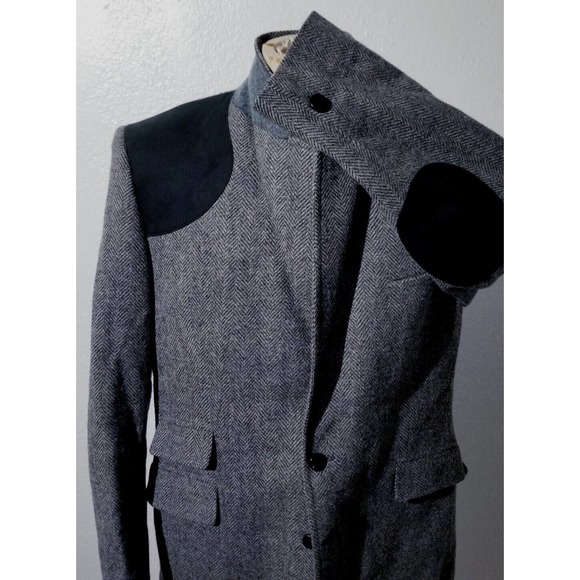 42L Gray Black Blazer Tweed Jacket Sport Coat Blazer Blue Elbow Shoulder Patch